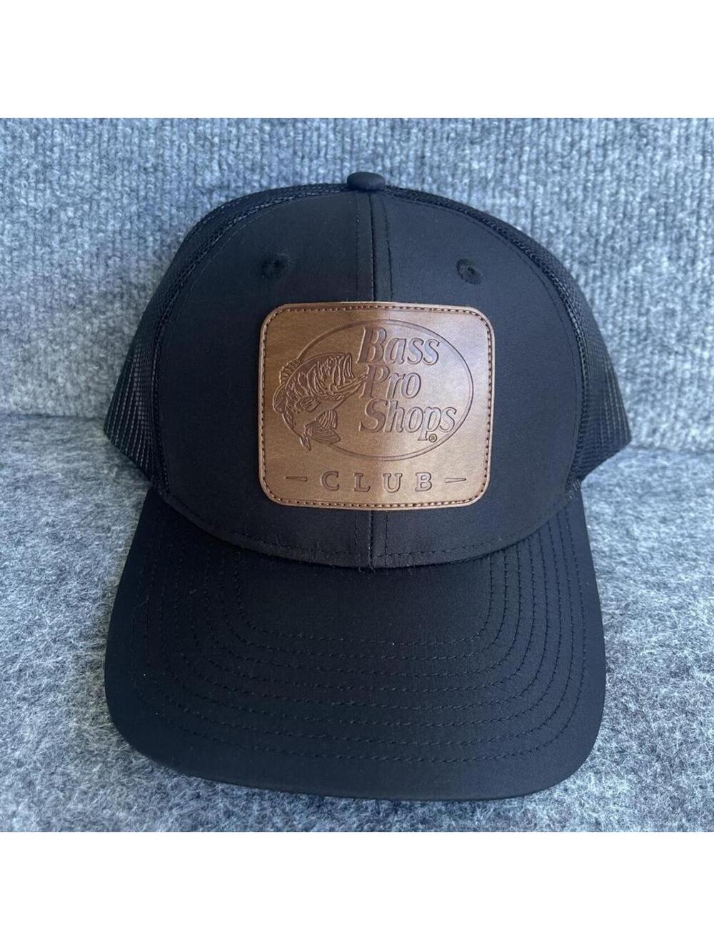 Bass Pro Shops black trucker hat brown leather patch featuring fish #fishing